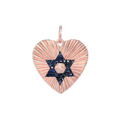 14K Gold Pavé Sapphire Star of David Fluted Heart Medallion Pendant, Medium Size