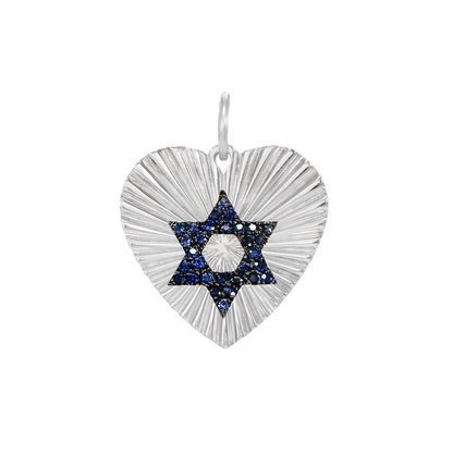 14K Gold Pavé Sapphire Star of David Fluted Heart Medallion Pendant, Medium Size