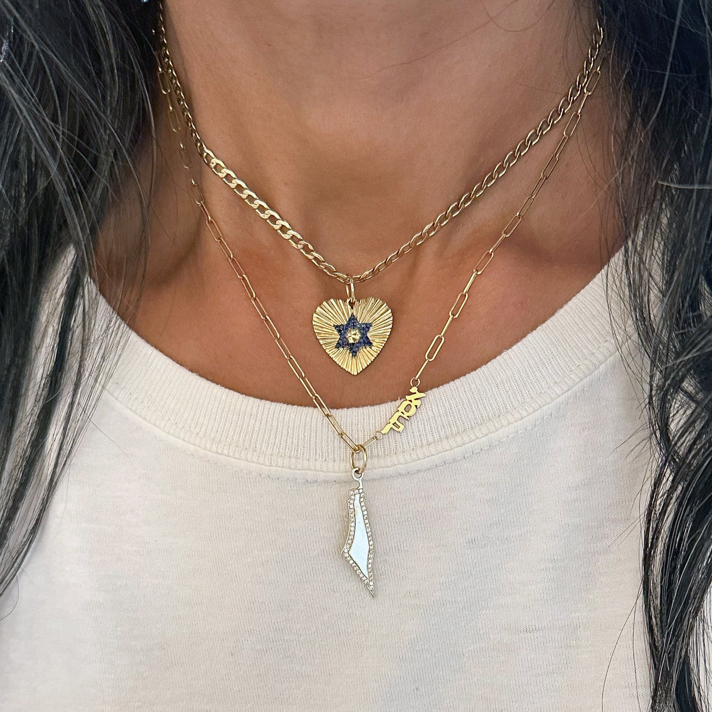 14K Gold Pavé Sapphire Star of David Fluted Heart Medallion Pendant, Medium Size