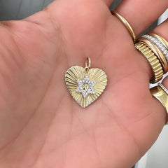14K Gold Pavé Diamond Star of David Fluted Heart Medallion Pendant, Medium Size