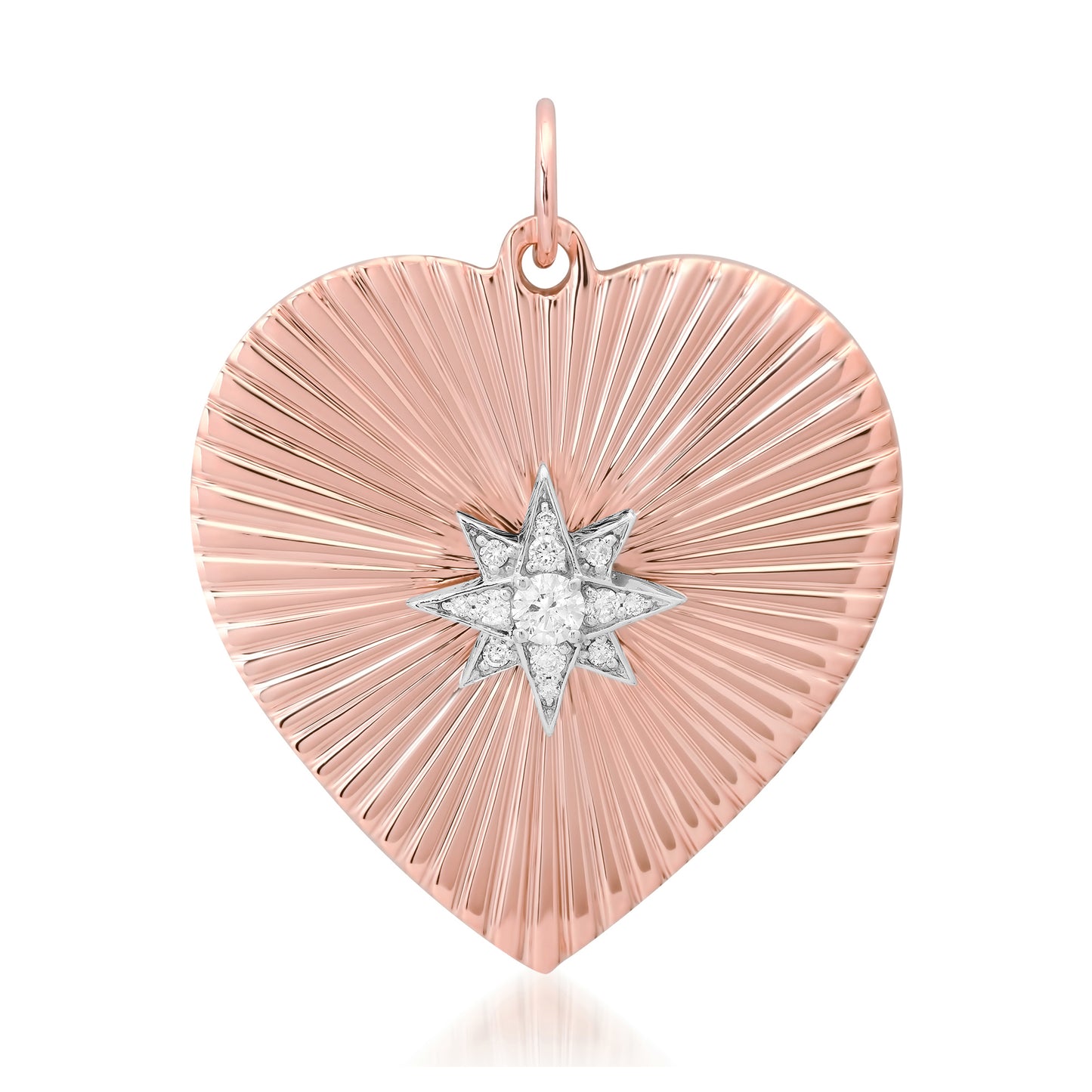 14K Gold Pavé Diamond Starburst Fluted Heart Medallion Pendant, XXL Size