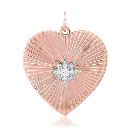 14K Gold Pavé Diamond Starburst Fluted Heart Medallion Pendant, XXL Size
