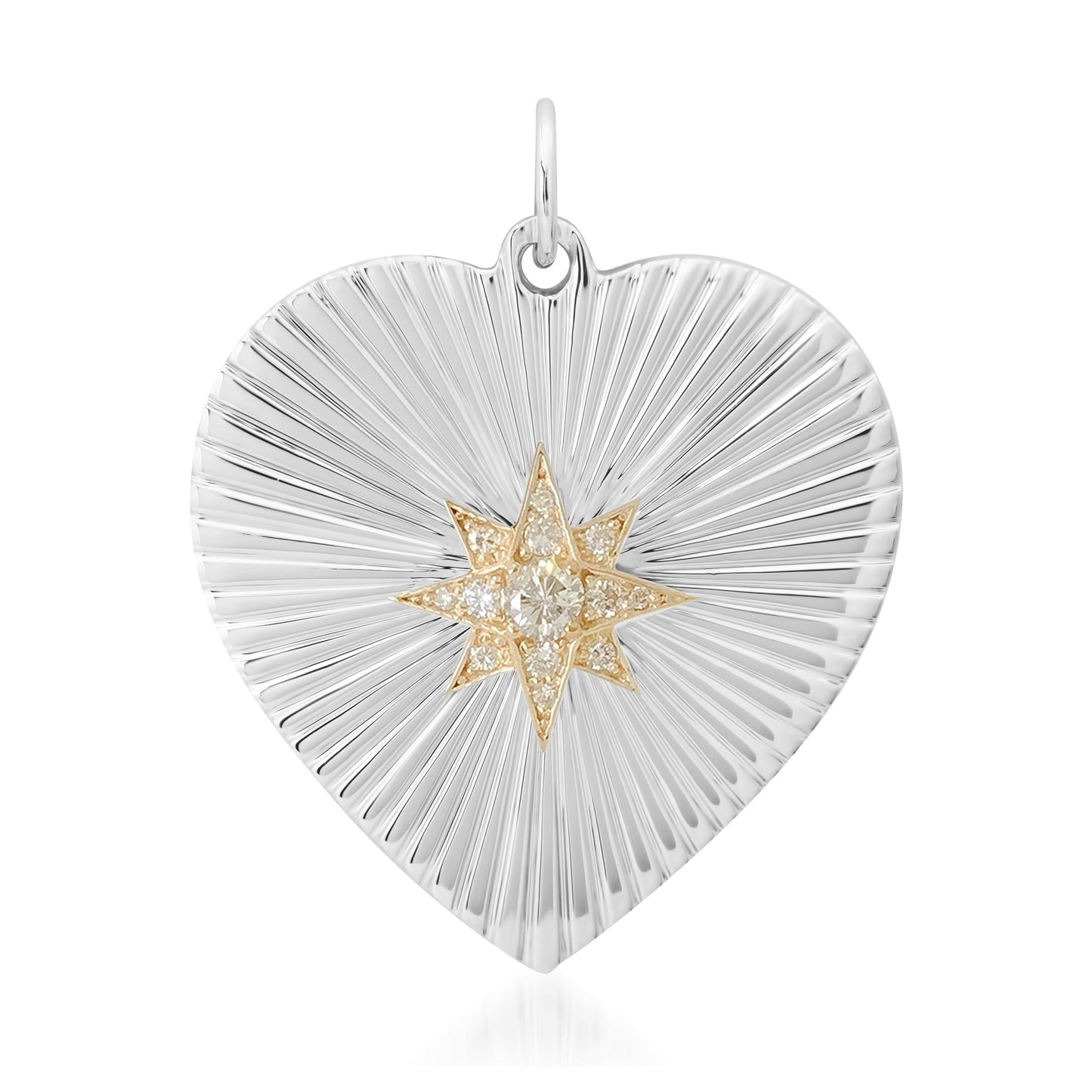 14K Gold Pavé Diamond Starburst Fluted Heart Medallion Pendant, XXL Size