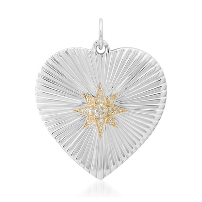 14K Gold Pavé Diamond Starburst Fluted Heart Medallion Pendant, XXL Size