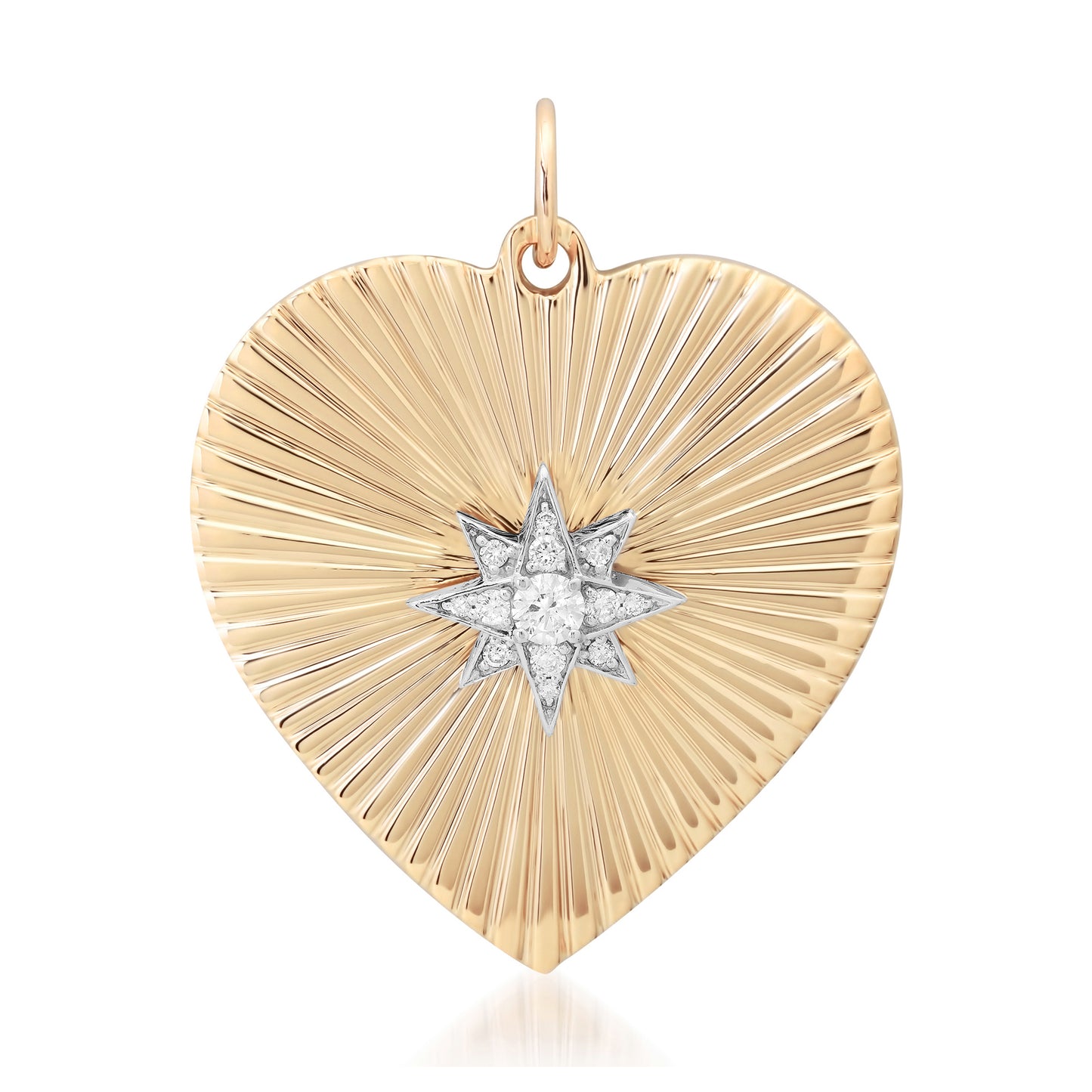 14K Gold Pavé Diamond Starburst Fluted Heart Medallion Pendant, XXL Size