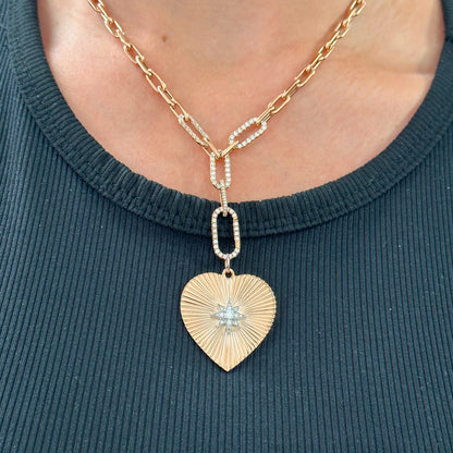 14K Gold Fluted Heart Medallion Charm Pendant, XXL Size Heart