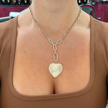 14K Gold Fluted Heart Medallion Charm Pendant, XXL Size Heart