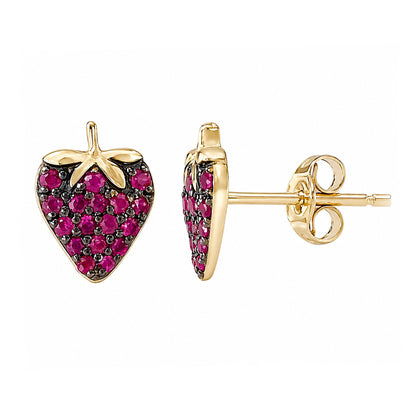 14K Gold Pavé Ruby Strawberry Stud Earrings