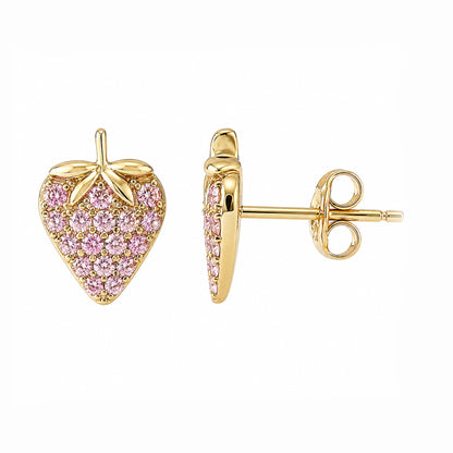 14K Gold Pavé Pink Sapphire Strawberry Stud Earrings