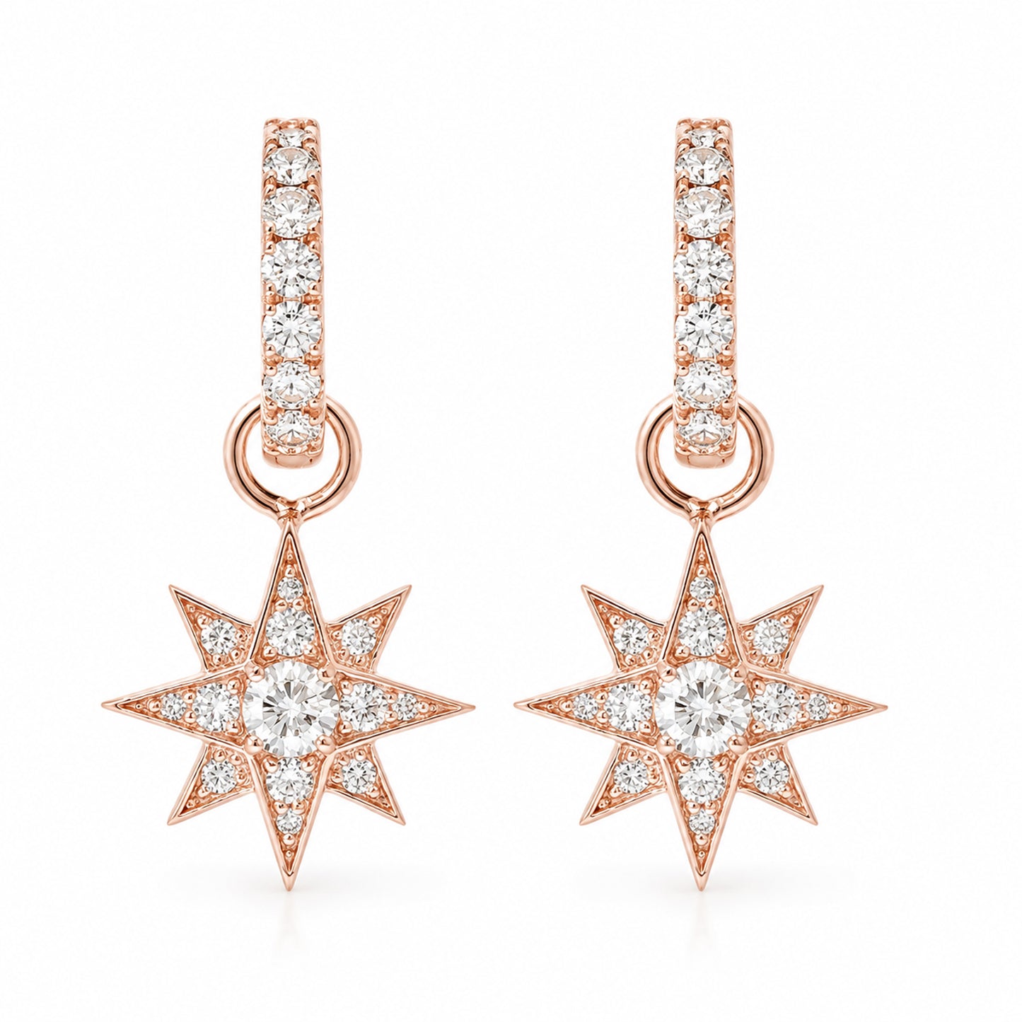 14K Gold Pavé Diamond Starburst Dangle Huggie Hoop Earrings ~ Convertible Large Size Starburst Charm