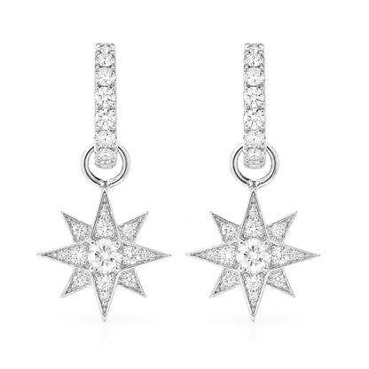 14K Gold Pavé Diamond Starburst Dangle Huggie Hoop Earrings ~ Convertible Large Size Starburst Charm
