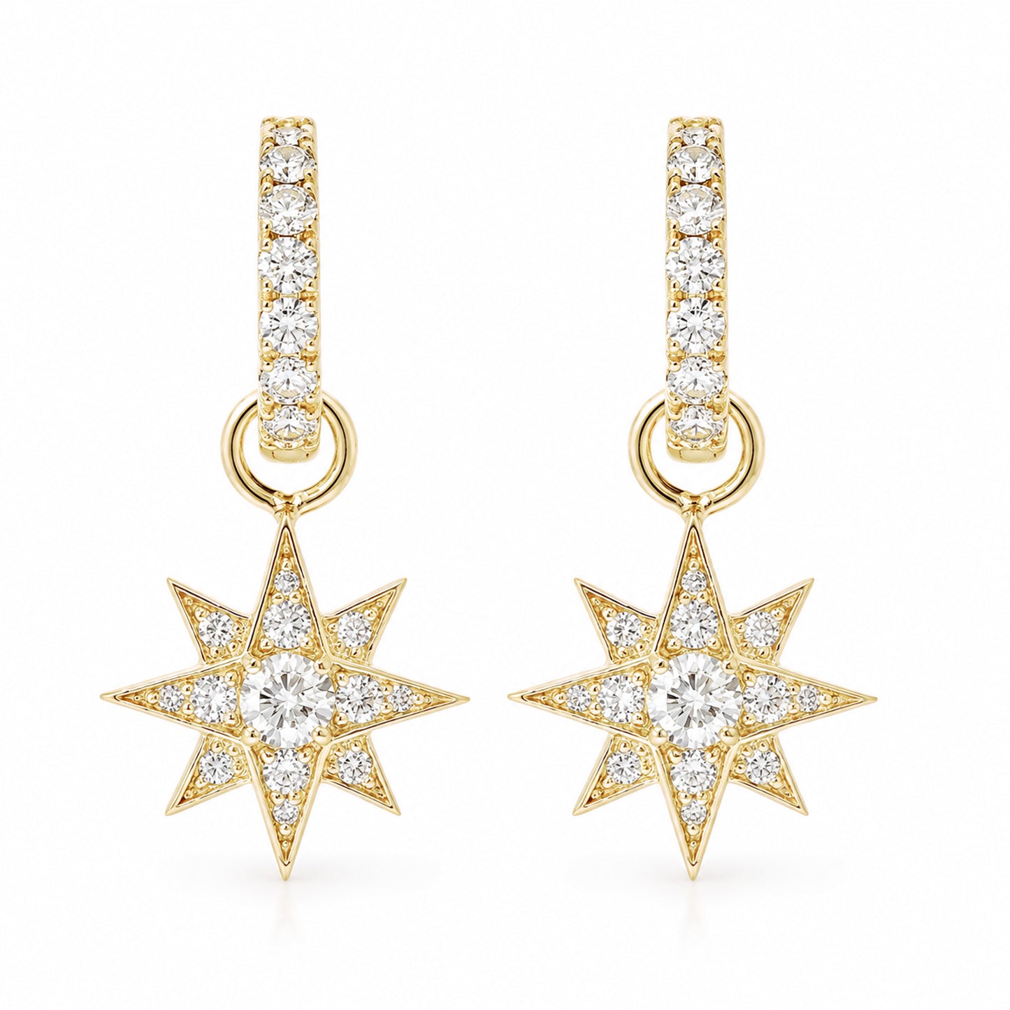 14K Gold Pavé Diamond Starburst Dangle Huggie Hoop Earrings ~ Convertible Large Size Starburst Charm