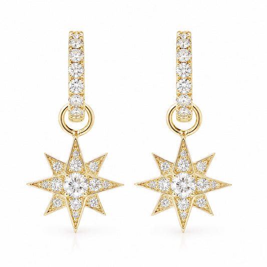 14K Gold Pavé Diamond Starburst Dangle Huggie Hoop Earrings ~ Convertible Large Size Starburst Charm