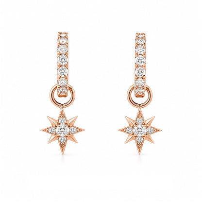 14K Gold Pavé Diamond Starburst Dangle Huggie Hoop Earrings ~ Convertible Small Size Starburst Charm