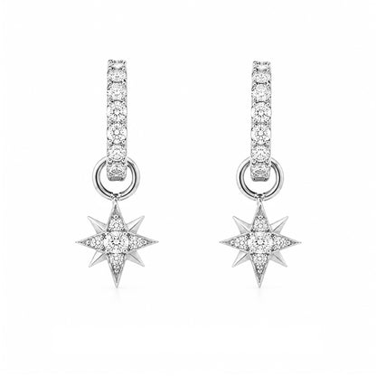 14K Gold Pavé Diamond Starburst Dangle Huggie Hoop Earrings ~ Convertible Small Size Starburst Charm