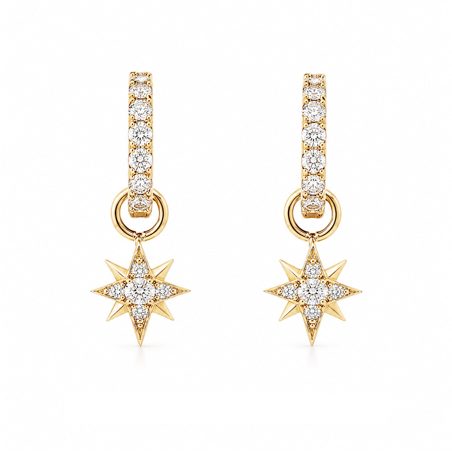 14K Gold Pavé Diamond Starburst Dangle Huggie Hoop Earrings ~ Convertible Small Size Starburst Charm