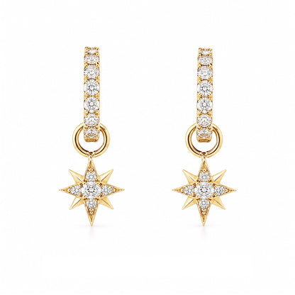 14K Gold Pavé Diamond Starburst Dangle Huggie Hoop Earrings ~ Convertible Small Size Starburst Charm