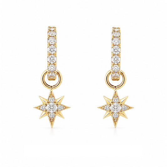 14K Gold Pavé Diamond Starburst Dangle Huggie Hoop Earrings ~ Convertible Small Size Starburst Charm