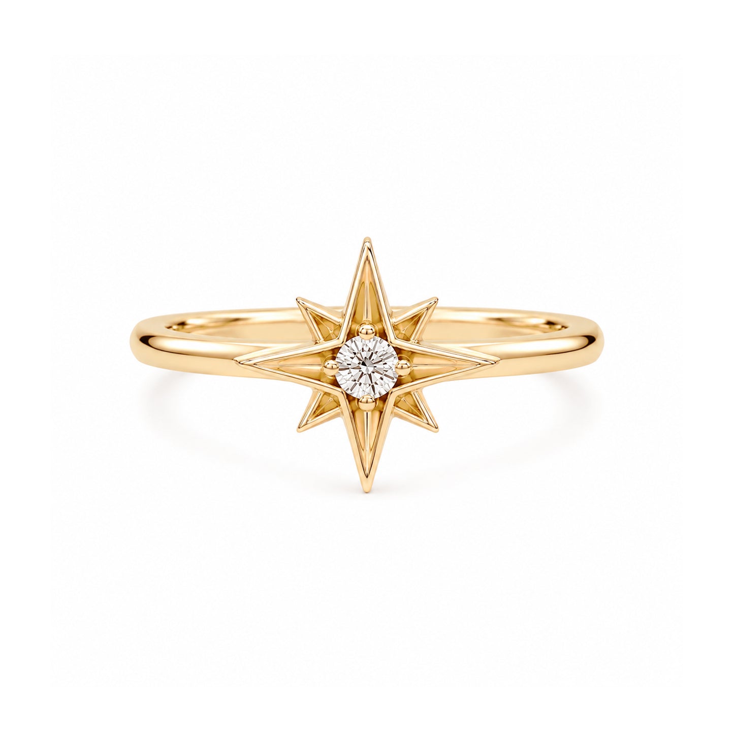 14K Gold Diamond Solitaire Starburst Ring