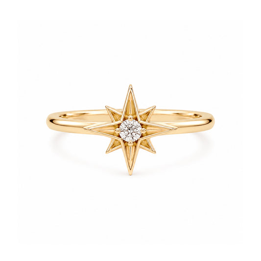 14K Gold Diamond Solitaire Starburst Ring
