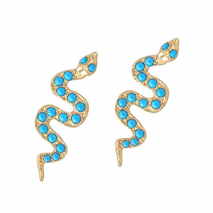 14K Gold Pavé Turquoise Swivel Snake Stud Earrings