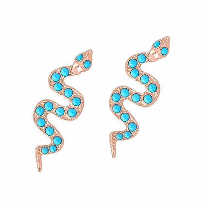 14K Gold Pavé Turquoise Swivel Snake Stud Earrings
