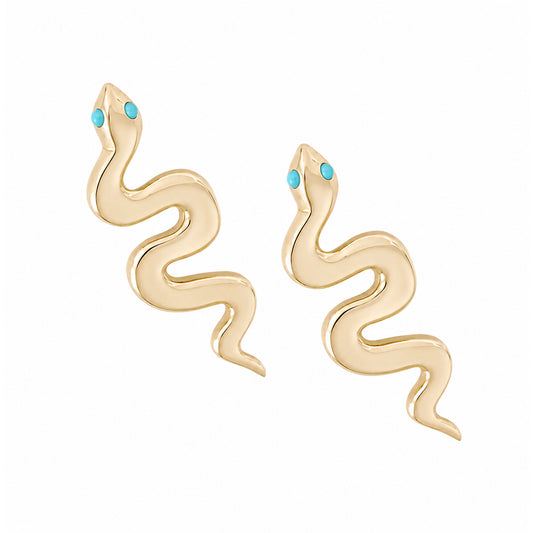 14K Gold Turquoise Eye Swivel Snake Stud Earrings