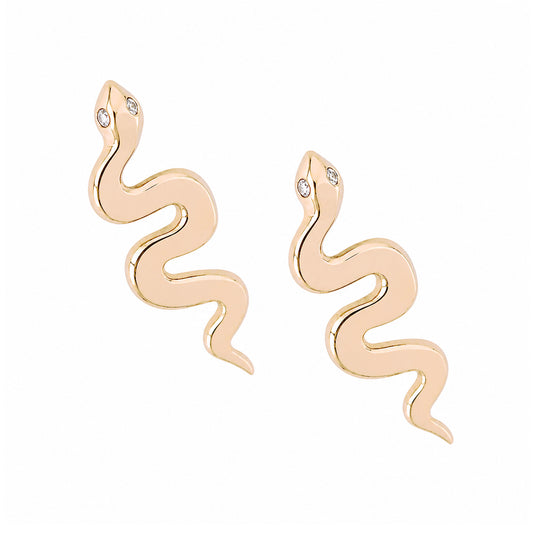 14K Gold Diamond Eye Swivel Snake Stud Earrings