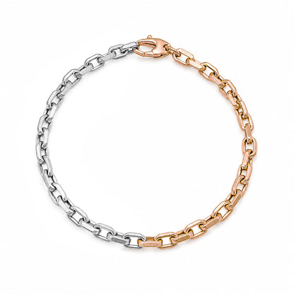 14K Gold Two Tone Thick Flat Oval Rolo Link Bracelet, Small Size Links