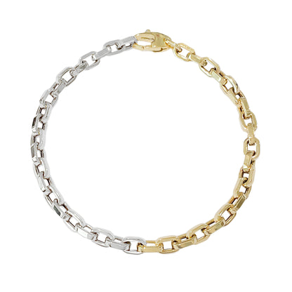 14K Gold Two Tone Thick Flat Oval Rolo Link Bracelet, Small Size Links