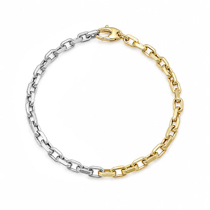 14K Gold Two Tone Thick Flat Oval Rolo Link Bracelet, Small Size Links
