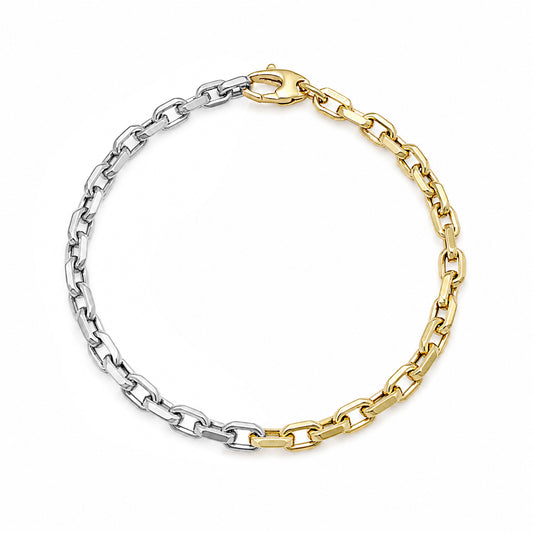 14K Gold Two Tone Thick Flat Oval Rolo Link Bracelet, Small Size Links