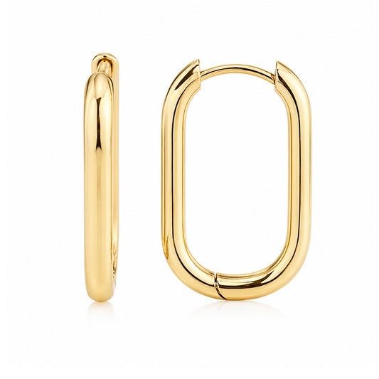 14K Gold Thick Elongated Oval Hoop Earrings