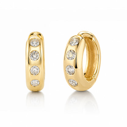 14K Gold Diamond Thick Medium Size Huggie Hoop Earrings