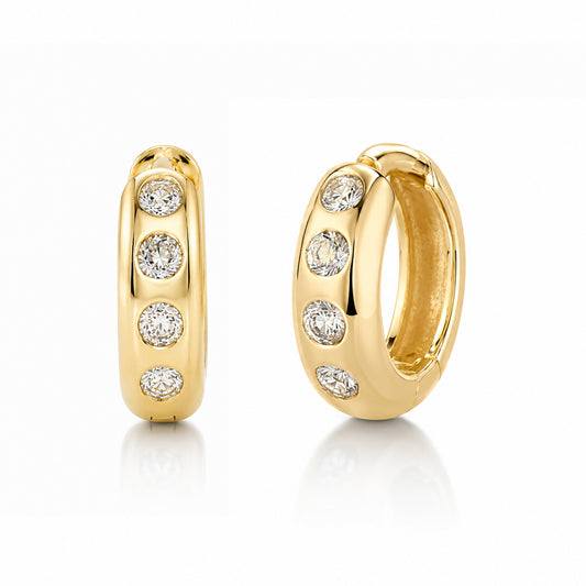 14K Gold Diamond Thick Medium Size Huggie Hoop Earrings
