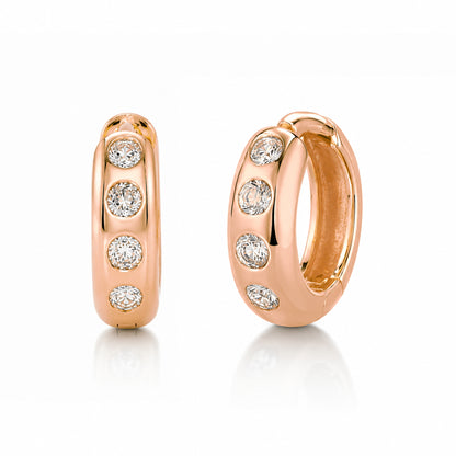 14K Gold Diamond Thick Medium Size Huggie Hoop Earrings