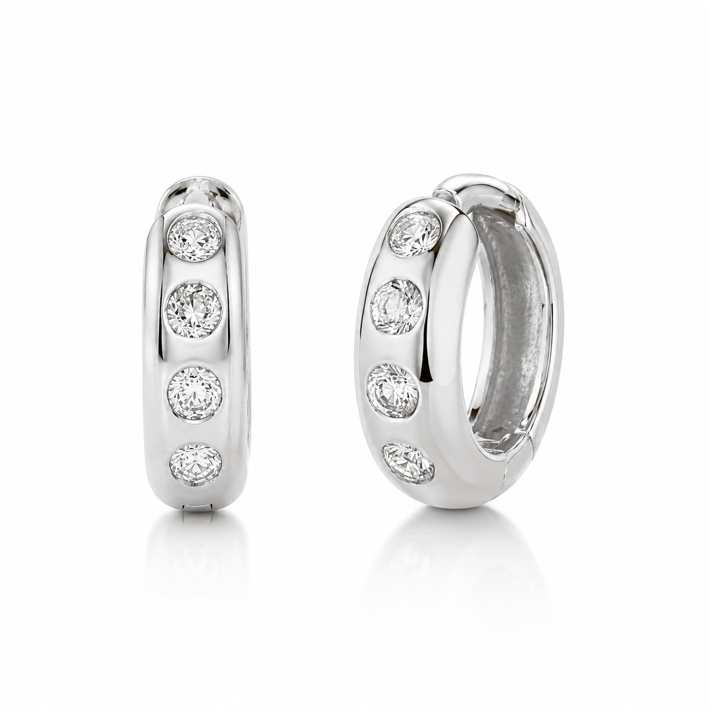 14K Gold Diamond Thick Medium Size Huggie Hoop Earrings
