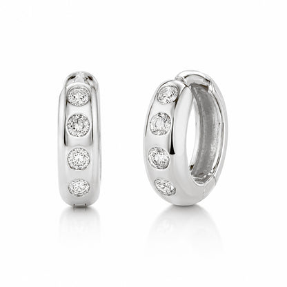 14K Gold Diamond Thick Medium Size Huggie Hoop Earrings