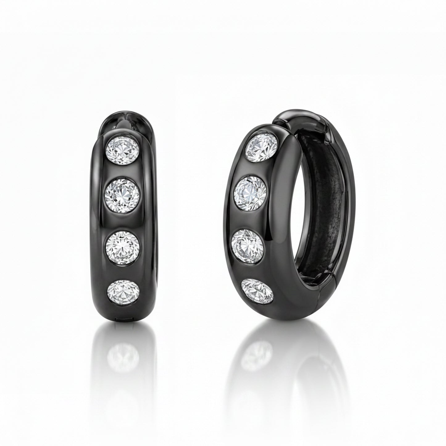 14K Gold Diamond Thick Medium Size Huggie Hoop Earrings