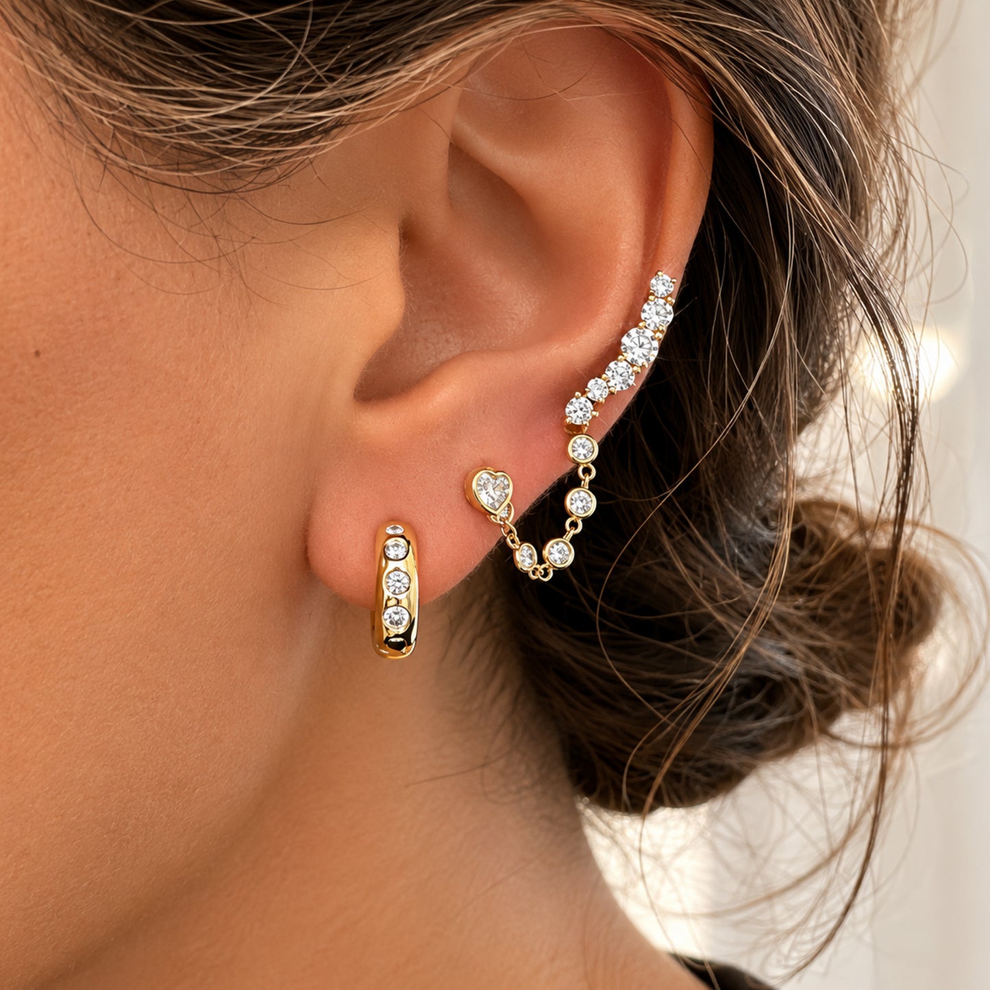 14K Gold Diamond Thick Medium Size Huggie Hoop Earrings