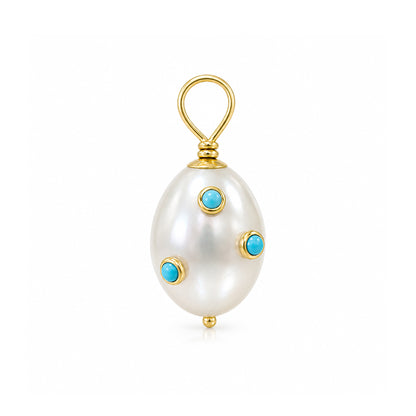 14K Gold Turquoise Studded Baroque Freshwater Cultured Pearl Pendant