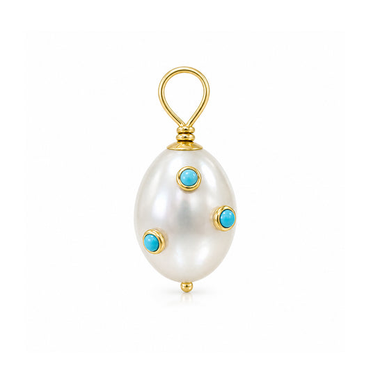 14K Gold Turquoise Studded Baroque Freshwater Cultured Pearl Pendant