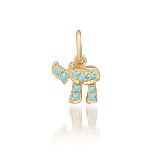 14K Gold Pavé Turquoise Hebrew Chai Charm Pendant