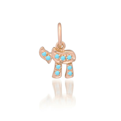 14K Gold Pavé Turquoise Hebrew Chai Charm Pendant