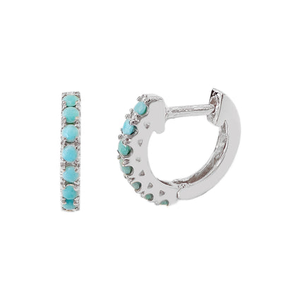 14K Gold Turquoise Round Brilliant Cut Thick Huggie Hoop Earrings (11mm x 6mm)