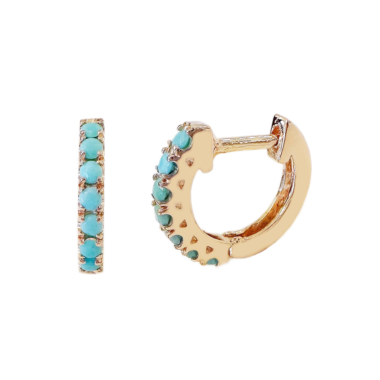 14K Gold Turquoise Round Brilliant Cut Thick Huggie Hoop Earrings (11mm x 6mm)