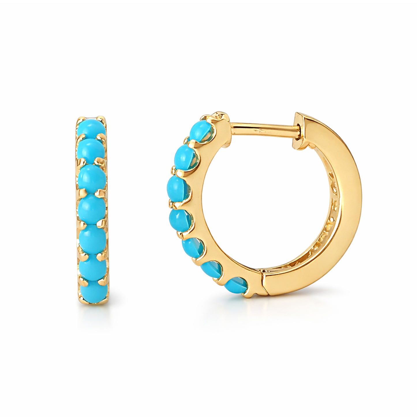 14K Gold Turquoise Cabochon Thick Huggie Hoop Earrings (11.5mm x 8.25mm)