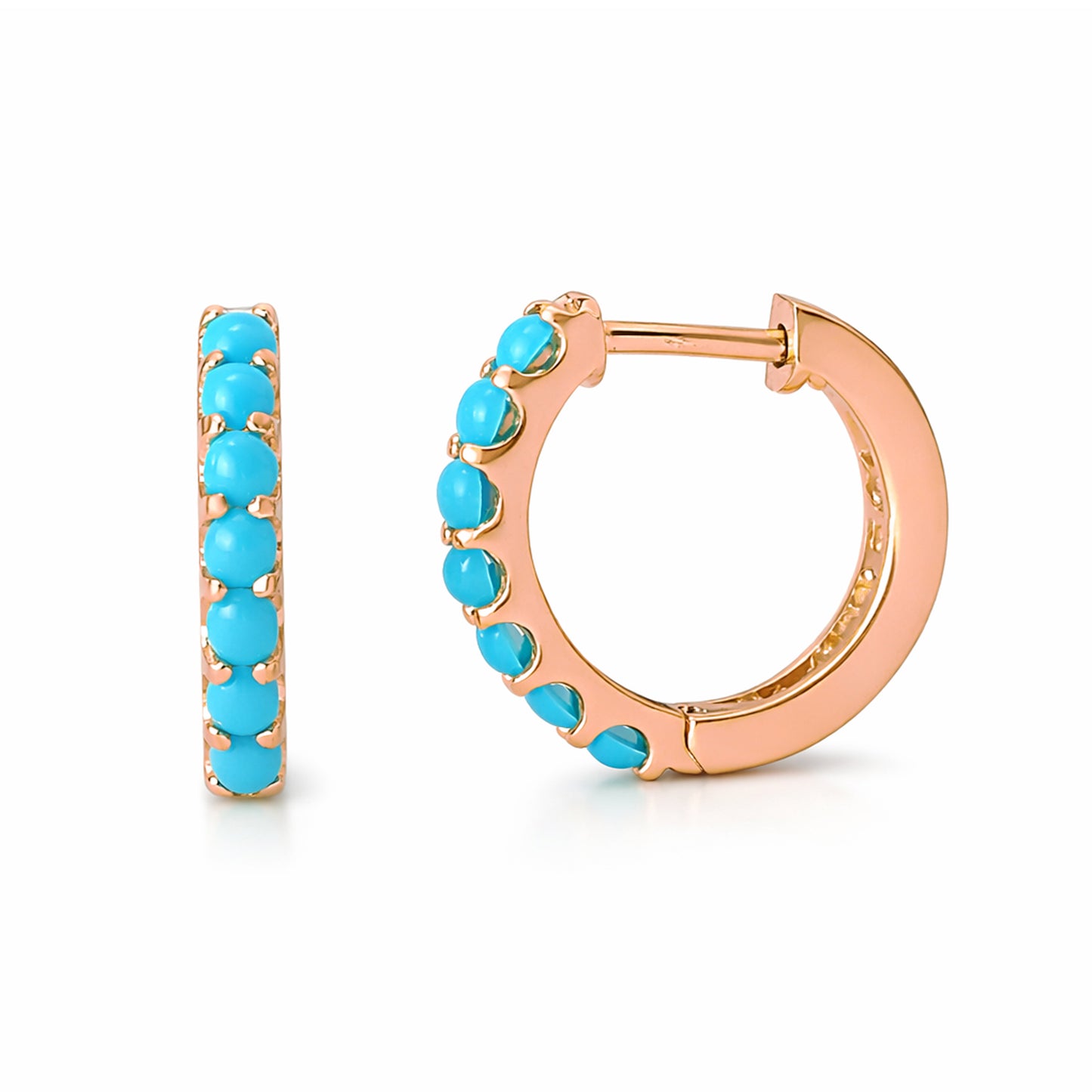 14K Gold Turquoise Cabochon Thick Huggie Hoop Earrings (11.5mm x 8.25mm)