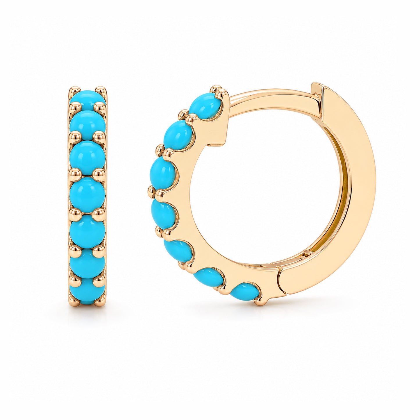 14K Gold Turquoise Gemstone Thick Huggie Hoop Earrings (13.75mm x 9.5mm)