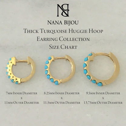 14K Gold Turquoise Round Brilliant Cut Thick Huggie Hoop Earrings (11mm x 6mm)